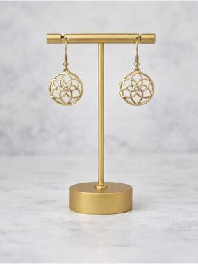 Seed of Life Goldtone Filigree Drop Earrings Rhinestone Center